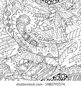Tracery seamless pattern. Mehndi design. Ethnic monochrome binary doodle texture. Curved doodling black and white background. Vector