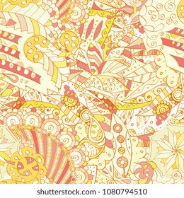 Tracery seamless pattern. Mehndi design. Ethnic colorful doodle texture. Curved doodling background. Vector