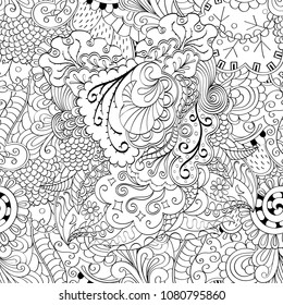 Tracery seamless pattern. Mehndi design. Ethnic monochrome binary doodle texture. Curved doodling black and white background. Vector