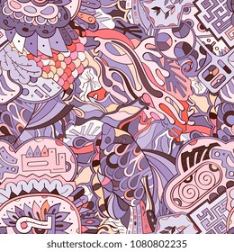 Tracery seamless pattern. Mehndi design. Ethnic colorful doodle texture. Curved doodling background. Vector