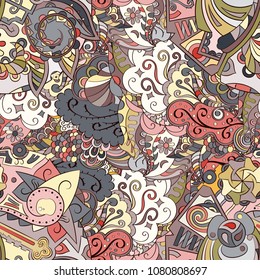 Tracery seamless pattern. Mehndi design. Ethnic colorful doodle texture. Curved doodling background. Vector