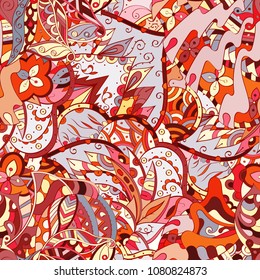 Tracery seamless pattern. Mehndi design. Ethnic colorful doodle texture. Curved doodling background. Vector