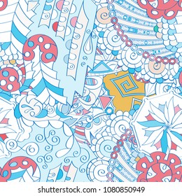 Tracery seamless pattern. Mehndi design. Ethnic colorful doodle texture. Curved doodling background. Vector