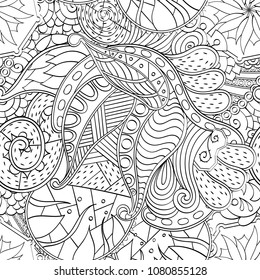 Tracery seamless pattern. Mehndi design. Ethnic monochrome binary doodle texture. Curved doodling black and white background. Vector