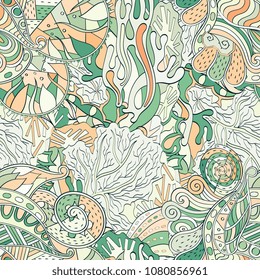 Tracery seamless pattern. Mehndi design. Ethnic colorful doodle texture. Curved doodling background. Vector