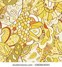 Tracery seamless pattern. Mehndi design. Ethnic colorful doodle texture. Curved doodling background. Vector