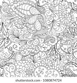 Tracery seamless pattern. Mehndi design. Ethnic monochrome binary doodle texture. Curved doodling black and white background. Vector