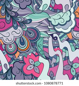 Tracery seamless pattern. Mehndi design. Ethnic colorful doodle texture. Curved doodling background. Vector