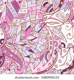 Tracery seamless pattern. Mehndi design. Ethnic colorful doodle texture. Curved doodling background. Vector