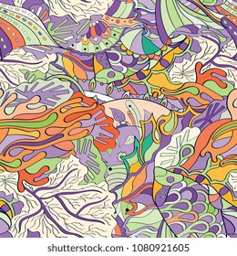 Tracery seamless pattern. Mehndi design. Ethnic colorful doodle texture. Curved doodling background. Vector