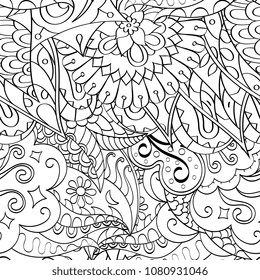 Tracery seamless pattern. Mehndi design. Ethnic monochrome binary doodle texture. Curved doodling black and white background. Vector