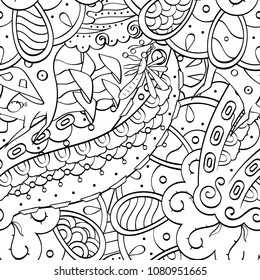 Tracery seamless pattern. Mehndi design. Ethnic monochrome binary doodle texture. Curved doodling black and white background. Vector