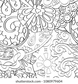 Tracery seamless pattern. Mehndi design. Ethnic monochrome binary doodle texture. Curved doodling black and white background. Vector