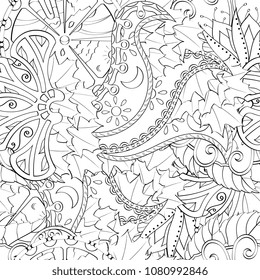 Tracery seamless pattern. Mehndi design. Ethnic monochrome binary doodle texture. Curved doodling black and white background. Vector