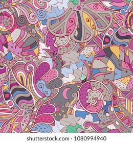Tracery seamless pattern. Mehndi design. Ethnic colorful doodle texture. Curved doodling background. Vector