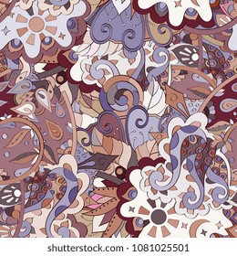 Tracery seamless pattern. Mehndi design. Ethnic colorful doodle texture. Curved doodling background. Vector