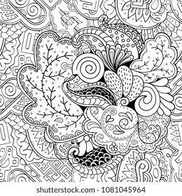 Tracery seamless pattern. Mehndi design. Ethnic monochrome binary doodle texture. Curved doodling black and white background. Vector