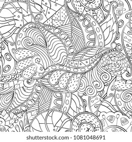 Tracery seamless pattern. Mehndi design. Ethnic monochrome binary doodle texture. Curved doodling black and white background. Vector