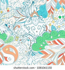 Tracery seamless pattern. Mehndi design. Ethnic colorful doodle texture. Curved doodling background. Vector