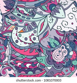 Tracery seamless pattern. Mehndi design. Ethnic colorful doodle texture. Curved doodling background. Vector