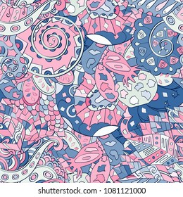 Tracery seamless pattern. Mehndi design. Ethnic colorful doodle texture. Curved doodling background. Vector
