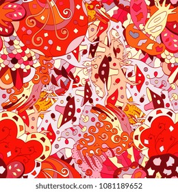 Tracery seamless pattern. Mehndi design. Ethnic colorful doodle texture. Curved doodling background. Vector