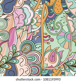 Tracery seamless pattern. Mehndi design. Ethnic colorful doodle texture. Curved doodling background. Vector