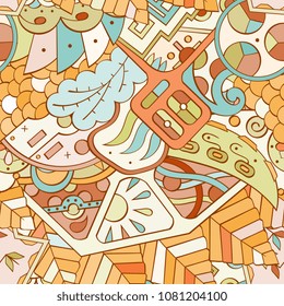 Tracery seamless pattern. Mehndi design. Ethnic colorful doodle texture. Curved doodling background. Vector