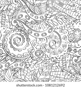 Tracery seamless pattern. Mehndi design. Ethnic monochrome binary doodle texture. Curved doodling black and white background. Vector