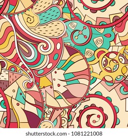 Tracery seamless pattern. Mehndi design. Ethnic colorful doodle texture. Curved doodling background. Vector