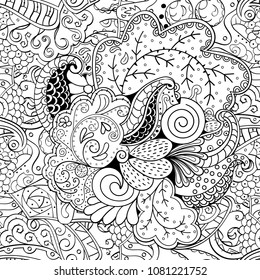 Tracery seamless pattern. Mehndi design. Ethnic monochrome binary doodle texture. Curved doodling black and white background. Vector