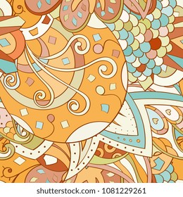 Tracery seamless pattern. Mehndi design. Ethnic colorful doodle texture. Curved doodling background. Vector