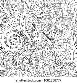 Tracery seamless pattern. Mehndi design. Ethnic monochrome binary doodle texture. Curved doodling black and white background. Vector