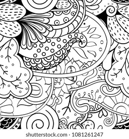 Tracery seamless pattern. Mehndi design. Ethnic monochrome binary doodle texture. Curved doodling black and white background. Vector