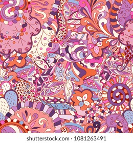Tracery seamless pattern. Mehndi design. Ethnic colorful doodle texture. Curved doodling background. Vector