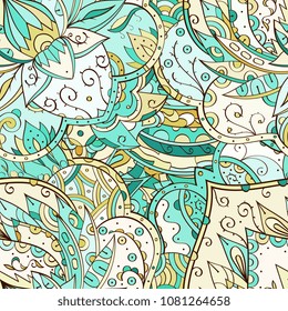 Tracery seamless pattern. Mehndi design. Ethnic colorful doodle texture. Curved doodling background. Vector