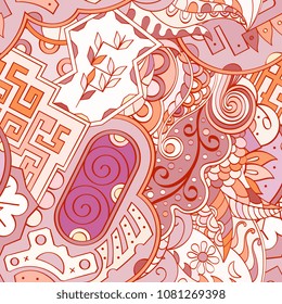 Tracery seamless pattern. Mehndi design. Ethnic colorful doodle texture. Curved doodling background. Vector