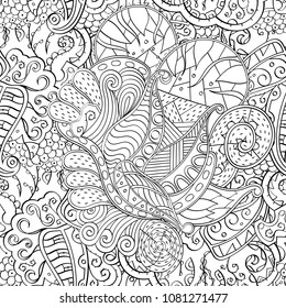Tracery seamless pattern. Mehndi design. Ethnic monochrome binary doodle texture. Curved doodling black and white background. Vector