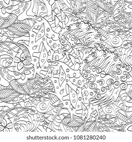Tracery seamless pattern. Mehndi design. Ethnic monochrome binary doodle texture. Curved doodling black and white background. Vector