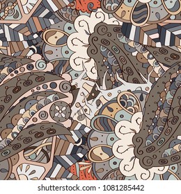 Tracery seamless pattern. Mehndi design. Ethnic colorful doodle texture. Curved doodling background. Vector