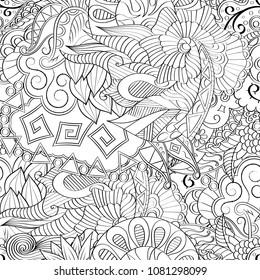 Tracery seamless pattern. Mehndi design. Ethnic monochrome binary doodle texture. Curved doodling black and white background. Vector