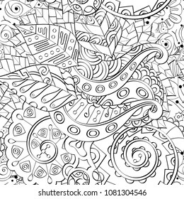 Tracery seamless pattern. Mehndi design. Ethnic monochrome binary doodle texture. Curved doodling black and white background. Vector