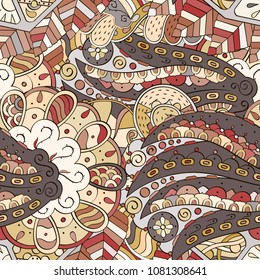 Tracery seamless pattern. Mehndi design. Ethnic colorful doodle texture. Curved doodling background. Vector