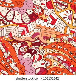 Tracery seamless pattern. Mehndi design. Ethnic colorful doodle texture. Curved doodling background. Vector