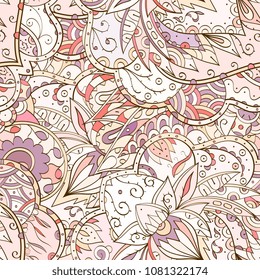 Tracery seamless pattern. Mehndi design. Ethnic colorful doodle texture. Curved doodling background. Vector
