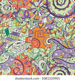 Tracery seamless pattern. Mehndi design. Ethnic colorful doodle texture. Curved doodling background. Vector