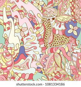 Tracery seamless pattern. Mehndi design. Ethnic colorful doodle texture. Curved doodling background. Vector
