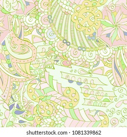 Tracery seamless pattern. Mehndi design. Ethnic colorful doodle texture. Curved doodling background. Vector