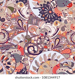 Tracery seamless pattern. Mehndi design. Ethnic colorful doodle texture. Curved doodling background. Vector
