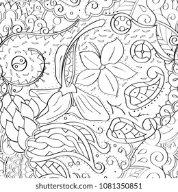 Tracery seamless pattern. Mehndi design. Ethnic monochrome binary doodle texture. Curved doodling black and white background. Vector